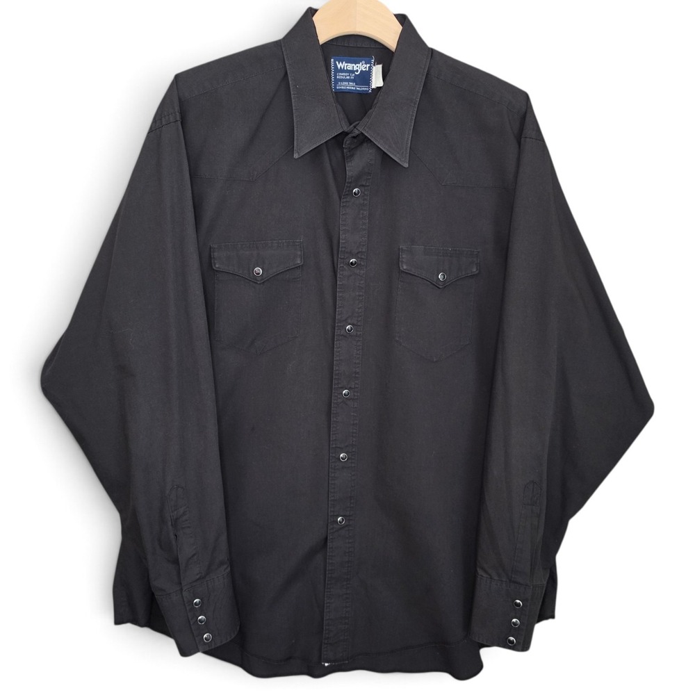 Vintage Wrangler Shirt Cowboy Cut Mens 18 36 Pearl Snap Western Black Tall